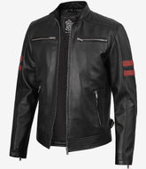 Men's Black Biker Leather Jacket with Maroon Stripes