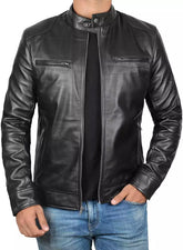 Men's Tall Black Real Leather Jacket in Biker Style