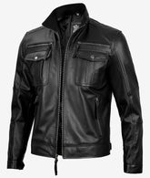 Men's Black Leather Biker Jacket with Top Notch Design