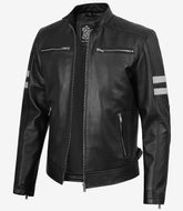 Men's Black Biker Leather Jacket with White Stripes