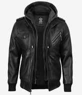 Men's Black Leather Jacket with Grey Hood