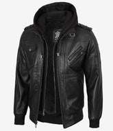 Men's Tall Black Leather Bomber Jacket with Detachable Hood