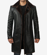 Mens Black Leather 3/4 Length Shearling Coat for Winter Essential