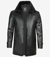 Mens Classic Fit Leather Coat with Faux Shearling Collar