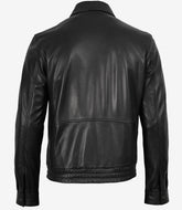 Men's Black Leather Bomber Jacket with Shirt Collar