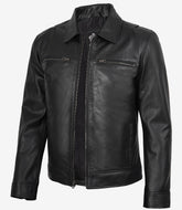 Men's Black Leather Jacket with Shirt Collar Design