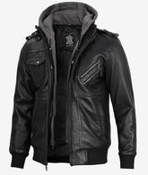 Men's Black Bomber Leather Jacket with Removable Hood