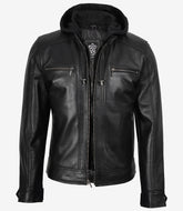 Men's Black Leather Jacket with Detachable Hoodie