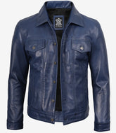 Men's Blue Waxed Lambskin Leather Jacket - Trucker Style