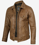 Men's Camel Brown Real Leather Trucker Jacket