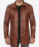 Men's Tall Cognac Waxed Premium Leather Car Coat