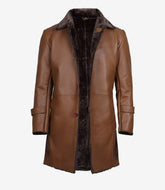 Men's Cognac Shearling Leather Overcoat – 3/4 Length with Lapel Collar