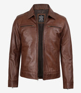 Men's Cognac Leather Jacket Featuring Classic Shirt Collar
