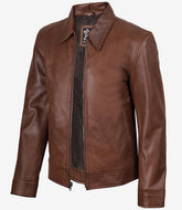 Men's Harrington Leather Jacket in Cognac Brown