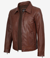 Men's Cognac Leather Jacket with Shirt Collar