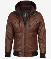 Men's Cognac Real Leather Bomber Jacket with a Detachable Hood