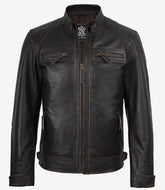 Men's Tall Distressed Brown Leather Biker Jacket with Quilted Shoulders