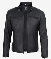 Men's Matte Black Genuine Leather Jacket in Biker Style