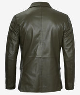 Men's Olive Green Real Leather Blazer with Two Button Closure