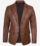 Men's Cognac Real Leather Blazer with Two Buttons & Notch Lapel