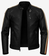 Mens Vintage Inspired Black Leather Rider - Twin Stripe Shoulders