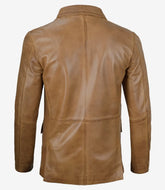 Men's Camel Brown Real Leather Blazer Featuring Two Buttons