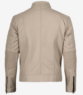 Men's Beige Leather Jacket with Mandarin Collar - Biker Style