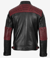 Men's Black & Maroon Leather Biker Jacket with Quilted Shoulders