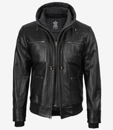 Men's Black Real Leather Bomber Jacket with Detachable Hood