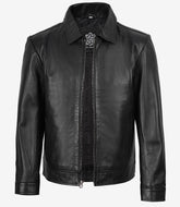 Reeves Men's Black Leather Harrington Jacket with Shirt Collar