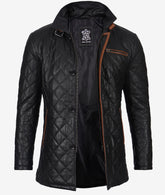 Men's Black Leather Car Coat with Diamond Quilting and Brown Detailing