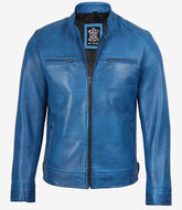 Men's Distressed Blue Leather Biker Jacket