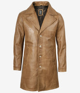 Men's Camel Brown Real Leather Coat in a Three-Quarter Length