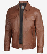 Men's Cognac Trucker Leather Jacket with Shirt Collar