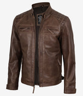 Men's Chocolate Brown Biker Leather Jacket with Quilted Shoulders
