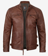 Men's Biker Leather Jacket in Cognac with Quilted Shoulders