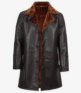 Men's Dark Brown Real Leather Shearling Coat in 3/4 Length