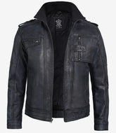 Men Black Distressed Waxed Leather Moto Shell