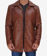 Men's Tall Cognac Waxed Leather Car Coat in 3/4 Length