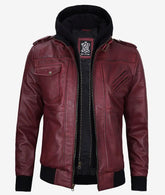 Men's Burgundy Real Leather Bomber Jacket with Detachable Hood