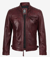 Men's Burgundy Leather Biker Jacket with Quilted Shoulder Detail