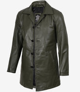 Men's 3/4 Length Olive Green Leather Car Coat