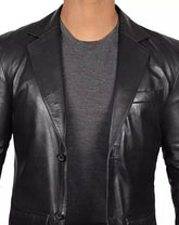 Men's Tall Black Leather Blazer Jacket with Two-Button Front