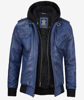 Men's Blue Waxed Bomber Jacket with Removable Hood