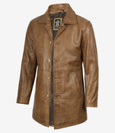 Men's Three-Quarter Leather Coat in Camel Brown