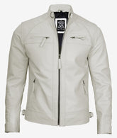 Men's Off-White Real Leather Biker Jacket with Quilted Shoulders