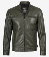 Dodge Men's Olive Green Leather Jacket - Biker Style