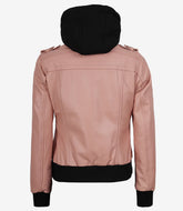 Women's Dusty Pink Real Leather Bomber Jacket with Hood