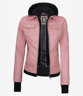 Women's Pink Leather Bomber Jacket with Removable Hood