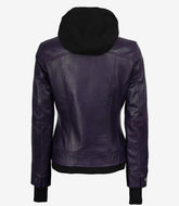 Women's Purple Leather Bomber Jacket Featuring a Detachable Hood